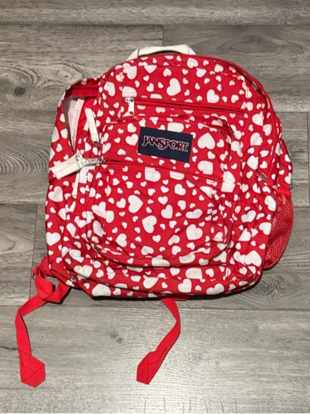 Jansport Red Backpack with White Heart Print